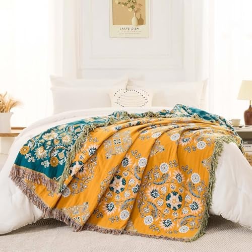XIBLC Boho Throw Blanket, 100% Cotton Ultra Soft Luxury Throw Rustic Quilt, Floral Printed Farmhouse Decor Bed Summer Blankets, All Season Rustic Reversible Bohemian Throw for Bed (90"x98" Yellow - Image 5