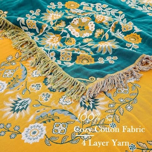 XIBLC Boho Throw Blanket, 100% Cotton Ultra Soft Luxury Throw Rustic Quilt, Floral Printed Farmhouse Decor Bed Summer Blankets, All Season Rustic Reversible Bohemian Throw for Bed (90"x98" Yellow - Image 3