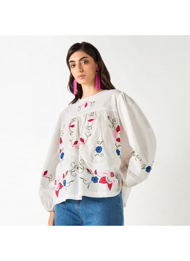 Iconic Iconic Embroidered Crew Neck Top with Volume Sleeves  - Image 1