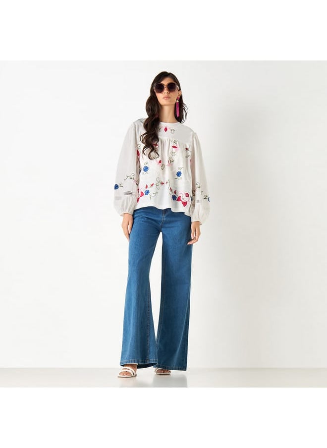 Iconic Iconic Embroidered Crew Neck Top with Volume Sleeves  - Image 2