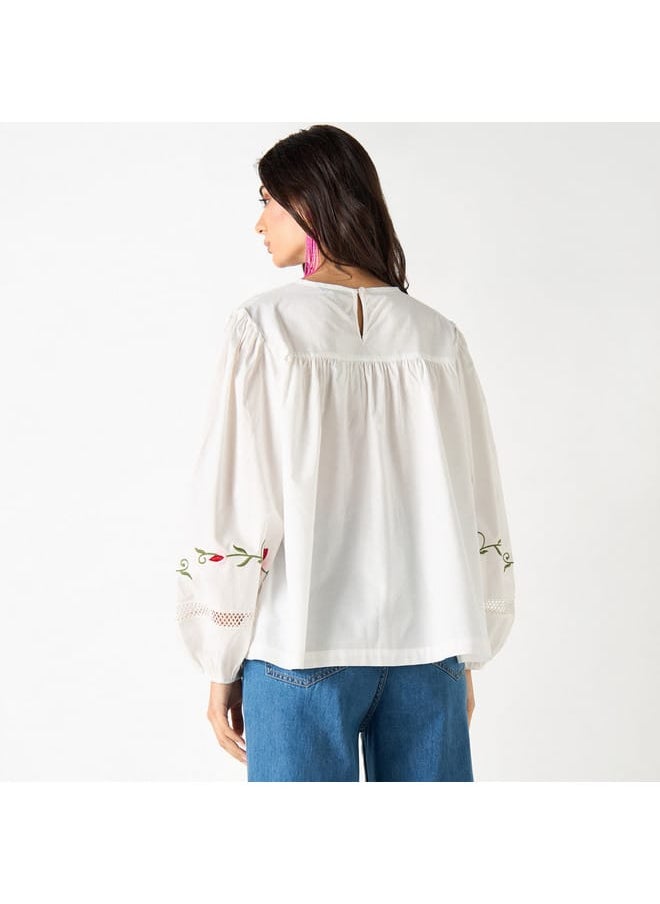Iconic Iconic Embroidered Crew Neck Top with Volume Sleeves  - Image 3