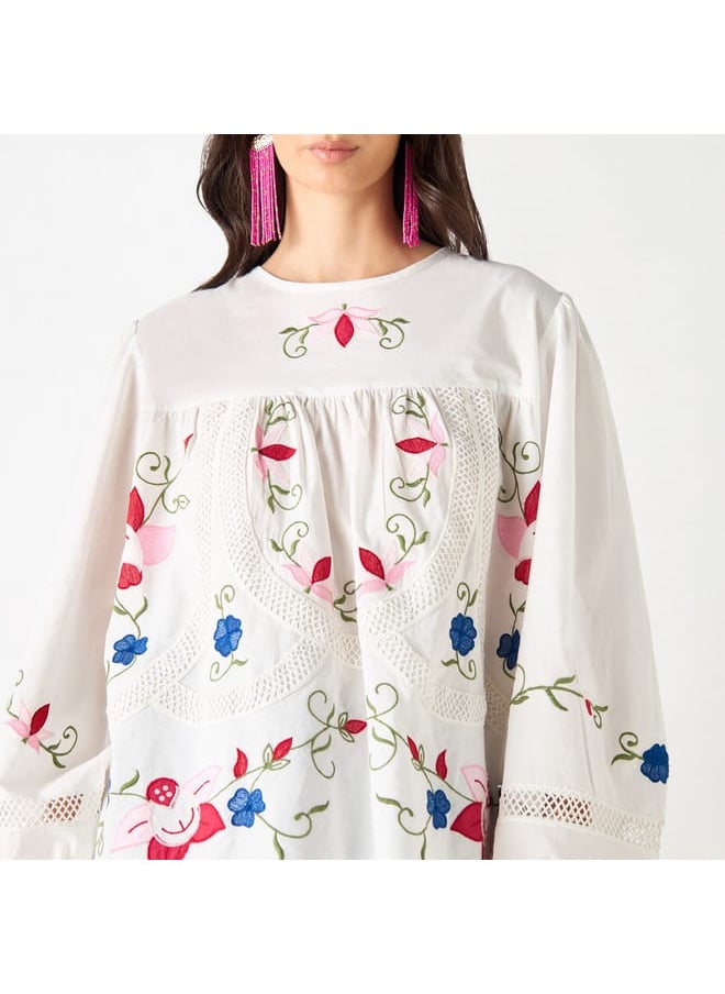 Iconic Iconic Embroidered Crew Neck Top with Volume Sleeves  - Image 4