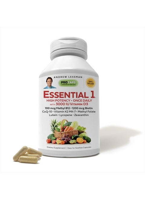Essential-1 Multivitamin 3000 IU Vitamin D3 60 Small Capsules – 100 mcg Methyl B12. CoQ10 Lutein Lycopene Zeaxanthin. High Potency. No Additives. Gentle Ultra-Mild. One Daily Capsule