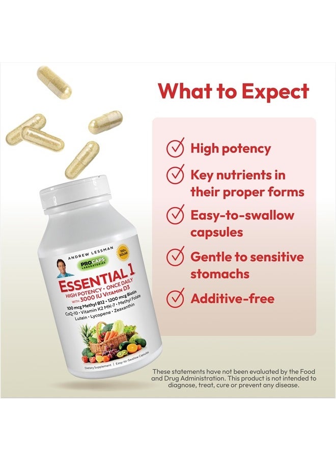 Andrew Lessman - Essential-1 Multivitamin 3000 IU Vitamin D3 60 Small Capsules – 100 mcg Methyl B12. CoQ10 Lutein Lycopene Zeaxanthin. High Potency. No Additives. Gentle Ultra-Mild. One Daily Capsule - Image 1