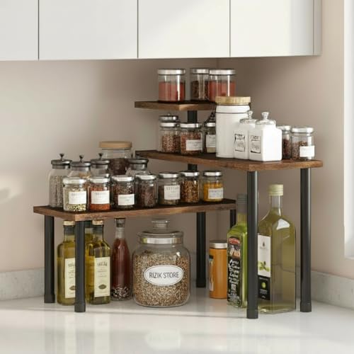 RIZIK STORE® 3-Tier Countertop Organizer, Adjustable Kitchen Corner Shelf, Spice Storage Rack for Bathroom, Coffee Station & Over-Sink Organization (Rustic Brown, 3 Tier) - Image 1