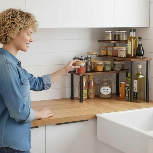 RIZIK STORE® 3-Tier Countertop Organizer, Adjustable Kitchen Corner Shelf, Spice Storage Rack for Bathroom, Coffee Station & Over-Sink Organization (Rustic Brown, 3 Tier) - Image 4