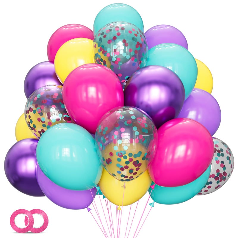 KAWKALSH Pink Blue Purple Balloon, 68 Pcs 12 Inches Hot Pink Metallic Purple Teal Yellow Balloons Confetti Balloons for Kids Magic Theme Birthday Decoration Baby Shower Engagement Party Supplies - Image 1