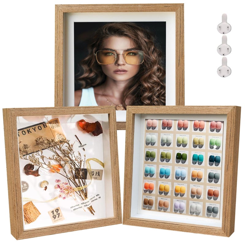 Dohomi 8x8 Shadow Box Frame Original wood Shadow Box Display Case 3 Pack Picture Frames Glass Surface Internal Depth 06 inch for Wall Or Tabletop