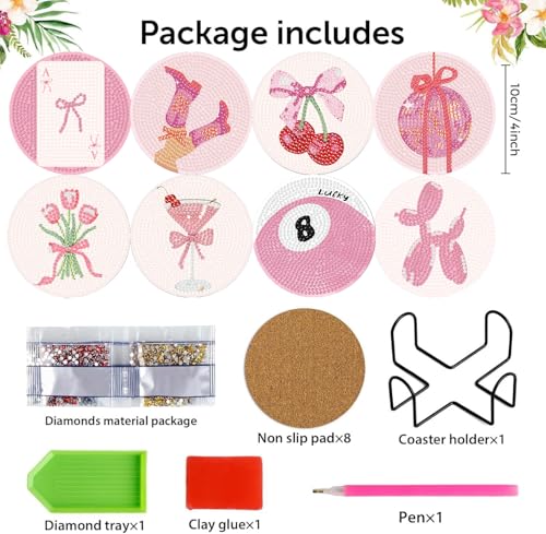 NEGEKFKX 8 Pcs Pink Disco Diamond Art Painting Coasters Kits, Coaster with Holder for Adults, Non-Slip DIY Dot Paint Craft Kits,5D Full Drill DIY Diamond Dot Gem Art Kit Home Decor Arts Craft - Image 4