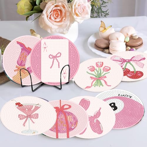 NEGEKFKX 8 Pcs Pink Disco Diamond Art Painting Coasters Kits, Coaster with Holder for Adults, Non-Slip DIY Dot Paint Craft Kits,5D Full Drill DIY Diamond Dot Gem Art Kit Home Decor Arts Craft - Image 3