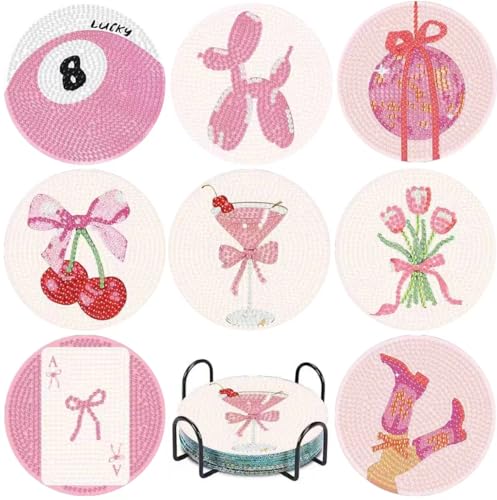 NEGEKFKX 8 Pcs Pink Disco Diamond Art Painting Coasters Kits, Coaster with Holder for Adults, Non-Slip DIY Dot Paint Craft Kits,5D Full Drill DIY Diamond Dot Gem Art Kit Home Decor Arts Craft - Image 1