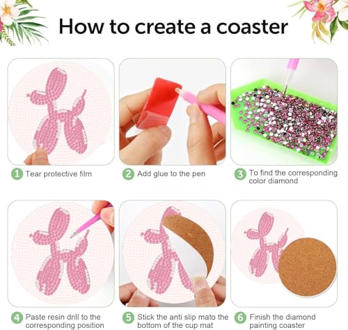 NEGEKFKX 8 Pcs Pink Disco Diamond Art Painting Coasters Kits, Coaster with Holder for Adults, Non-Slip DIY Dot Paint Craft Kits,5D Full Drill DIY Diamond Dot Gem Art Kit Home Decor Arts Craft - Image 5