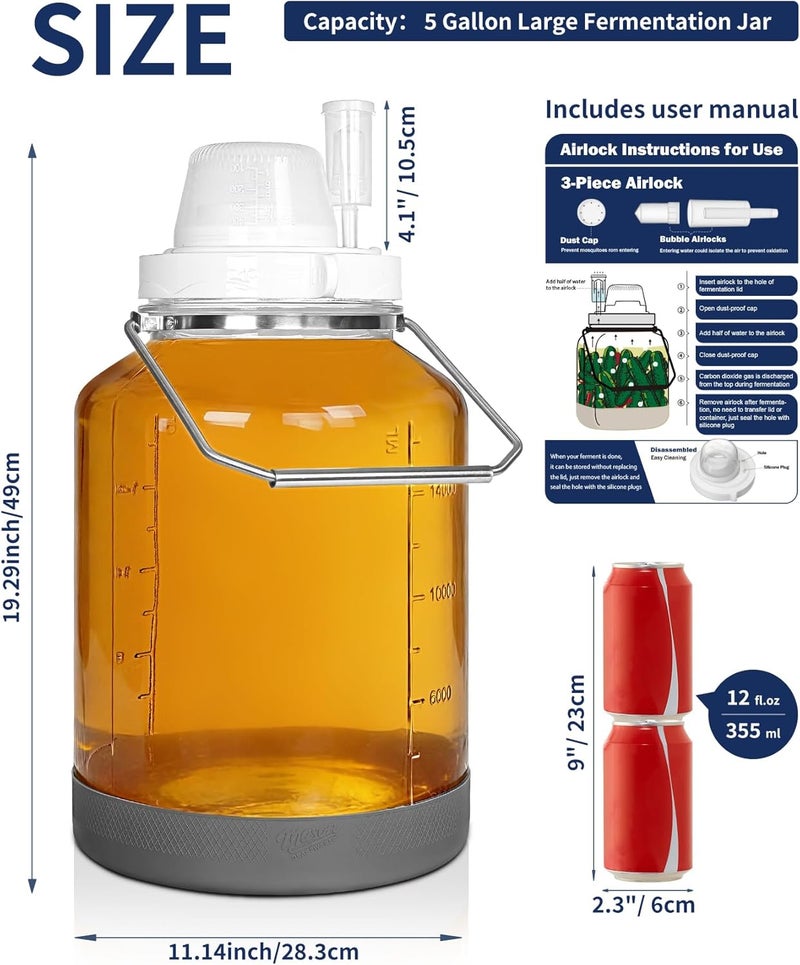 Daitouge 5 Gallon Glass Large Fermentation Jars, Wide Mouth Mason Jar for Mead Making, Brewing, Glass Water Jug with Stainless Handles, Leak-proof Pickle Jars Kimchi Container - Image 5