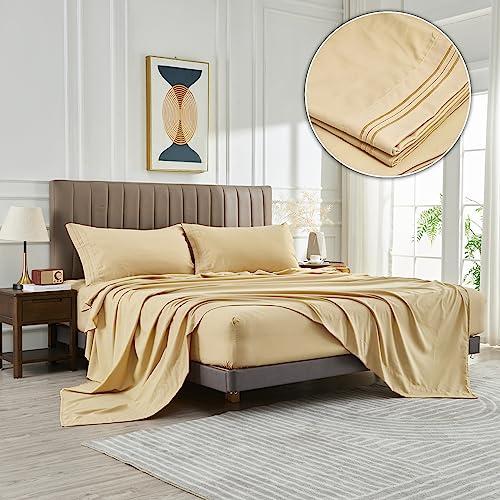 WODFAMY Microfiber Easy Fit Queen Size Bed Sheet Set Extra Soft Deep Pockets Luxury Hotel 4 Piece Set Beige Bed Sheets Queen Sheets - Image 1