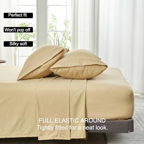 WODFAMY Microfiber Easy Fit Queen Size Bed Sheet Set Extra Soft Deep Pockets Luxury Hotel 4 Piece Set Beige Bed Sheets Queen Sheets - Image 4