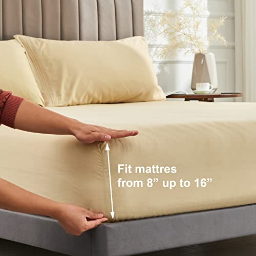 WODFAMY Microfiber Easy Fit Queen Size Bed Sheet Set Extra Soft Deep Pockets Luxury Hotel 4 Piece Set Beige Bed Sheets Queen Sheets - Image 3