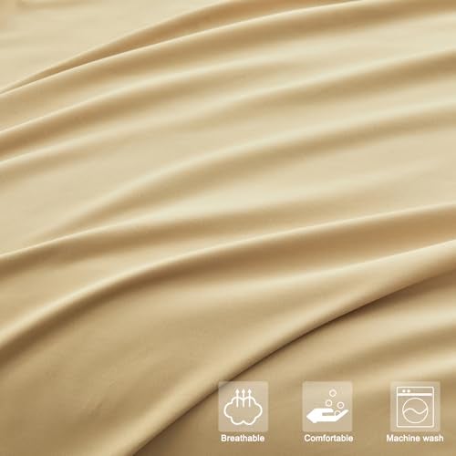 WODFAMY Microfiber Easy Fit Queen Size Bed Sheet Set Extra Soft Deep Pockets Luxury Hotel 4 Piece Set Beige Bed Sheets Queen Sheets - Image 5