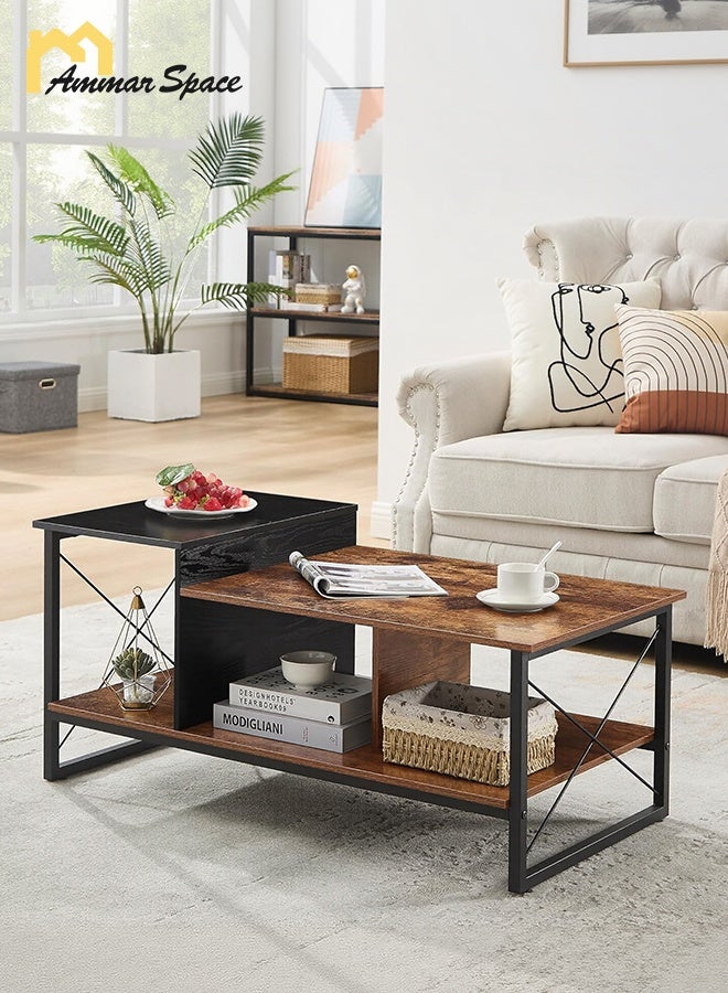 مساحة عمار طاولة مركزية، طاولة قهوة خشبية من طبقتين مع رف تخزين لغرفة المعيشة، أو مكتب الاستقبال، بإطار معدني وسطح طاولة خشبي، بتصميم عصري - Image 1