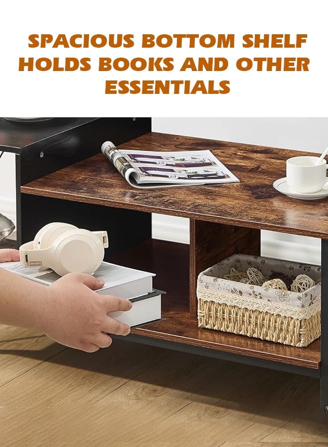 مساحة عمار طاولة مركزية، طاولة قهوة خشبية من طبقتين مع رف تخزين لغرفة المعيشة، أو مكتب الاستقبال، بإطار معدني وسطح طاولة خشبي، بتصميم عصري - Image 4