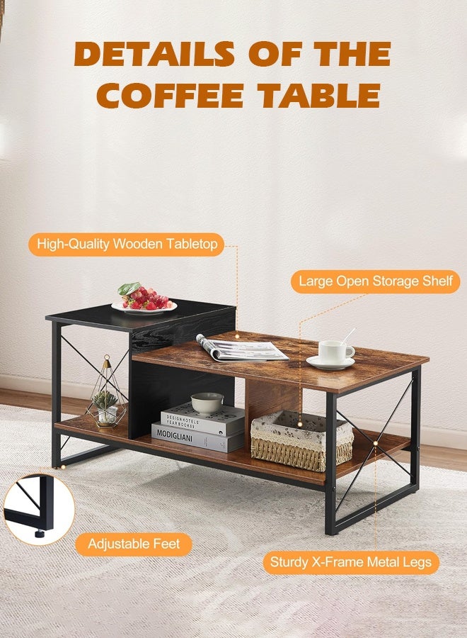 مساحة عمار طاولة مركزية، طاولة قهوة خشبية من طبقتين مع رف تخزين لغرفة المعيشة، أو مكتب الاستقبال، بإطار معدني وسطح طاولة خشبي، بتصميم عصري - Image 5