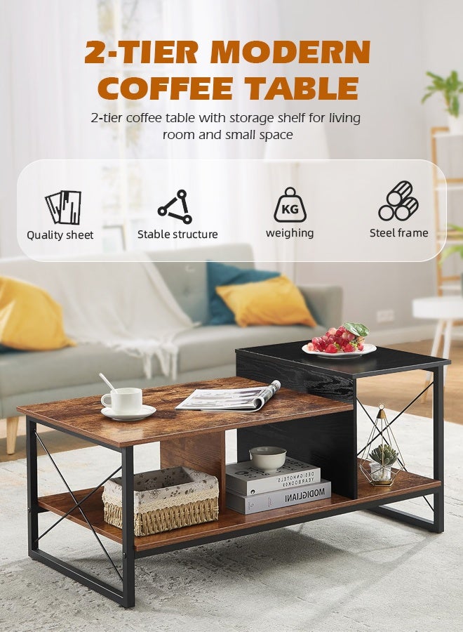 مساحة عمار طاولة مركزية، طاولة قهوة خشبية من طبقتين مع رف تخزين لغرفة المعيشة، أو مكتب الاستقبال، بإطار معدني وسطح طاولة خشبي، بتصميم عصري - Image 2