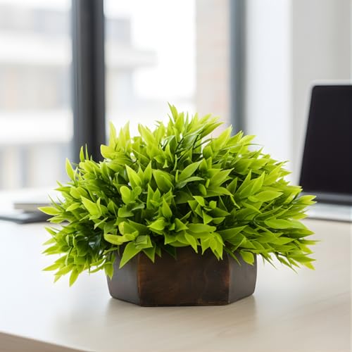 fancymart Artificial Green Leaves Plant in Wood Hexagon Pot - 18cm Height - Home & Office Decor Elegant Potted Plant for Tabletop Enhancement - Image 1