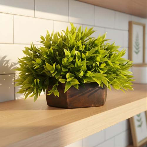 fancymart Artificial Green Leaves Plant in Wood Hexagon Pot - 18cm Height - Home & Office Decor Elegant Potted Plant for Tabletop Enhancement - Image 2