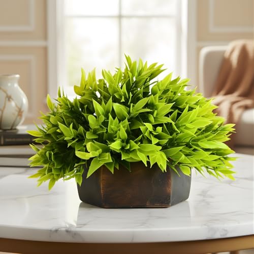 fancymart Artificial Green Leaves Plant in Wood Hexagon Pot - 18cm Height - Home & Office Decor Elegant Potted Plant for Tabletop Enhancement - Image 4