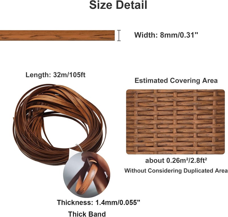Feyart 32m/105ft 7.5mm Wood Grain Brown Wicker Repair Kit, PE Rattan Repair Kit for Wicker Chair Fixing, Patio Furniture Repair - Image 4