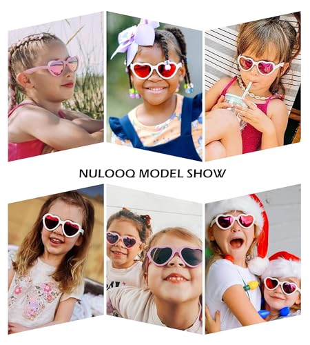 NULOOQ Kids Heart Sunglasses for Girls – Cute Polarized Flexible Frame Toddler Sunglasses with Strap Age 2-8 (Purple + Pink + Red Mirrored) - 3 Pack - Image 2