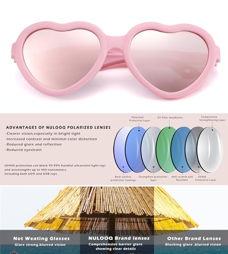 NULOOQ Kids Heart Sunglasses for Girls – Cute Polarized Flexible Frame Toddler Sunglasses with Strap Age 2-8 (Purple + Pink + Red Mirrored) - 3 Pack - Image 5