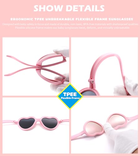 NULOOQ Kids Heart Sunglasses for Girls – Cute Polarized Flexible Frame Toddler Sunglasses with Strap Age 2-8 (Purple + Pink + Red Mirrored) - 3 Pack - Image 4
