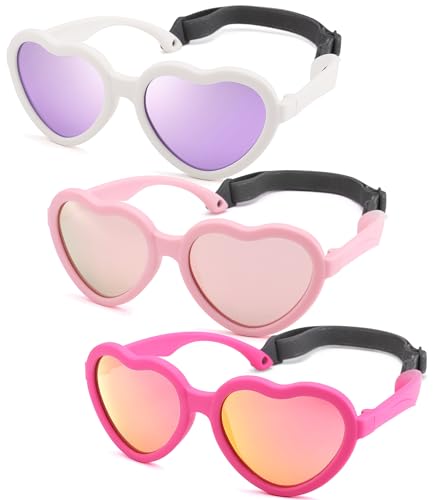 NULOOQ Kids Heart Sunglasses for Girls – Cute Polarized Flexible Frame Toddler Sunglasses with Strap Age 2-8 (Purple + Pink + Red Mirrored) - 3 Pack - Image 1