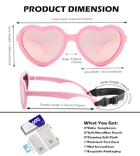 NULOOQ Kids Heart Sunglasses for Girls – Cute Polarized Flexible Frame Toddler Sunglasses with Strap Age 2-8 (Purple + Pink + Red Mirrored) - 3 Pack - Image 3