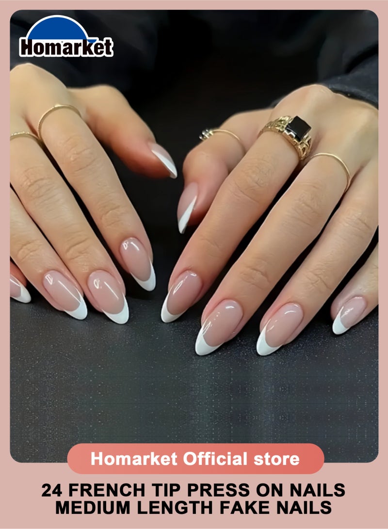 HomarKet 24Pcs French Tip Press on Nails Medium Almond Fake Nails with 3D Bow Designs Acrylic Nails Kit Nude Pink False Nails Cute Gentle Style Glue on Nails Reusable Stick on Nails for Women - Image 1
