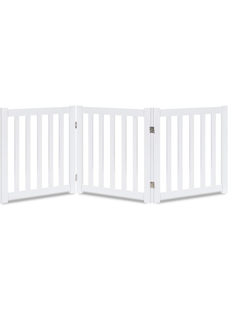 LZRS Oak Wood Foldable Pet Gate,Wooden Dog Gate,Cat Gate,Pet Gate with Pet Collar for House Doorway Stairs,Freestanding Indoor Outdoor Gate Safety Fence，3 Panel 24"-White - Image 1