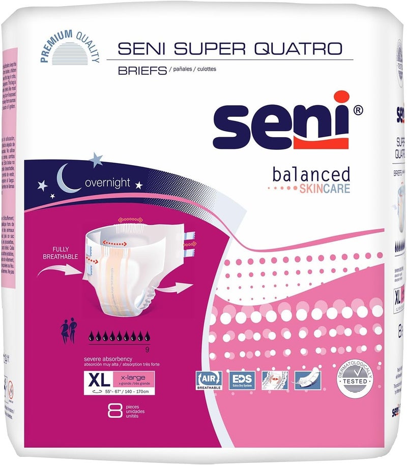 SENI Super Quatro Unisex Adult Incontinence Briefs with Tabs Size XLarge 5567 8 Count 1 Pack of 8 Severe Absorbency Disposable Overnight Briefs for Men Women - Image 1