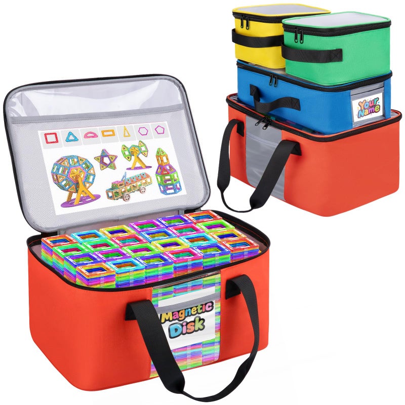 Wigojoy 4 PCS Toy Storage Bags, Magnetic Tiles Bag With Visual Top Flap, Label Pocket and Mesh Pockets Fit for LEGO, Building Blocks, Magnetic Tiles, Toy Cars - Image 1