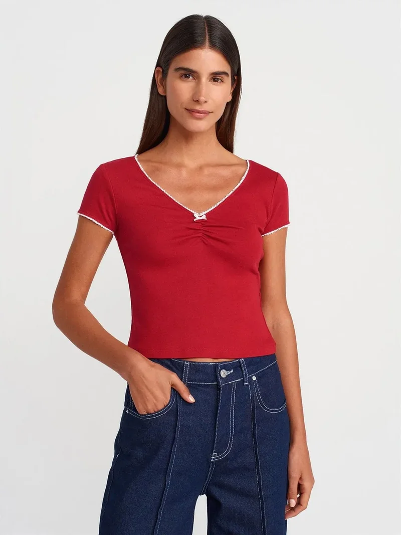 ديلفين DILVIN Women's Cotton Crop Blouse With Frill Trim