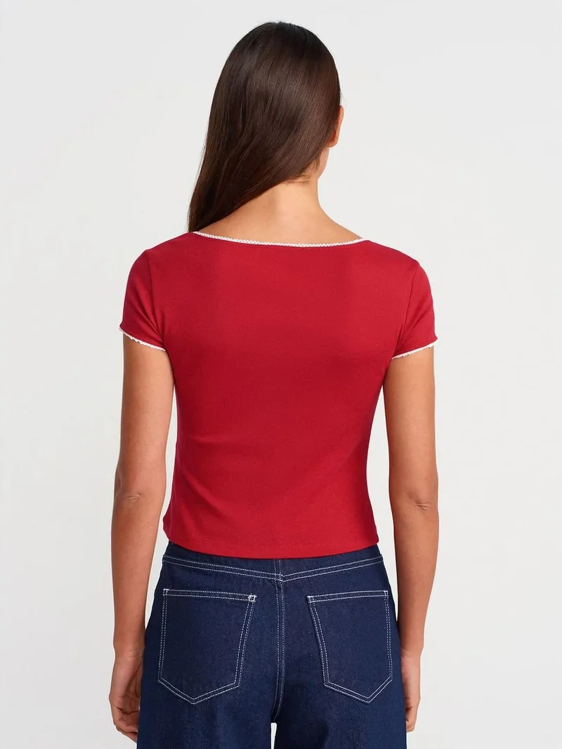 ديلفين DILVIN Women's Cotton Crop Blouse With Frill Trim