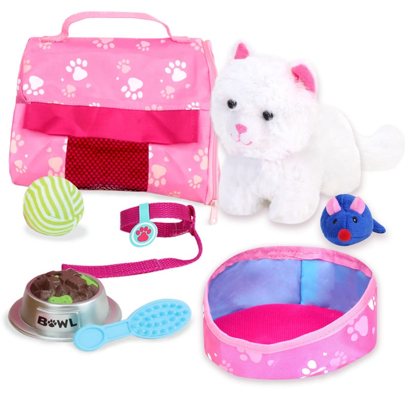 Sophia's White Plush Kitty Cat and Accessories Set with Leash, Food Bowl, Comb, Toy Ball, Toy Mouse, Bed, Blanket, and Carrier for 18" Dolls - Image 1