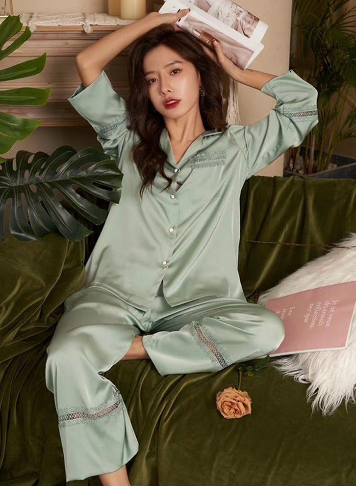Loquat Women's Solid Color 2-Piece Set Loose Nightgown Sleepwear Long Sleeve Lace Stitching Lapel Top And Pants Soft Loungewear Wear Warm Pajamas Suit Green 