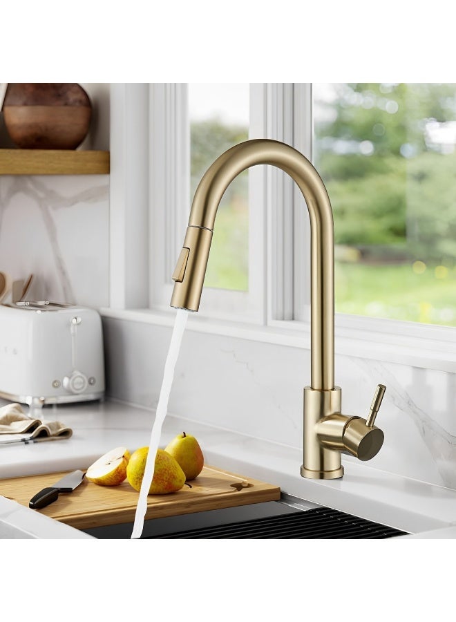 FIRST PRO Gold Kitchen Tap Kitchen sink Tap, Dual Function Kitchen mixer Tap, 360 Degree Swivel Pre-Rinse Kitchen mixer Tap with Pull Out Sprayer Brushed Gold - Image 2
