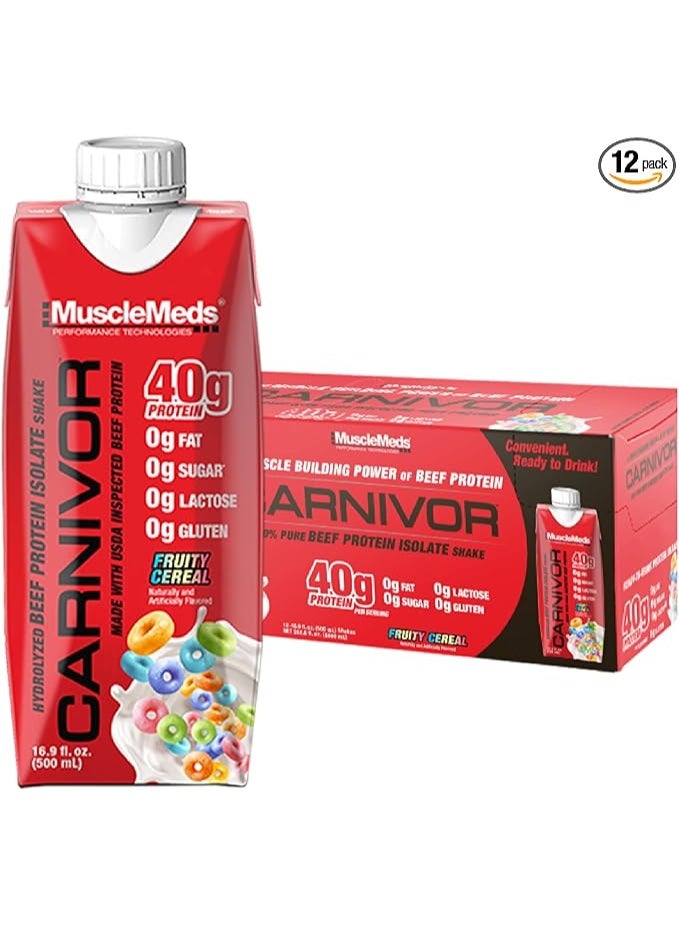MuscleMeds Carnivor RTD, Ready to Drink Protein, Lactose Free, Sugar Free, 40g Isolate Protein, Muscle Building, Recovery, Halal Certified, Fruity Cereal, 500 ML (Pack of 12) - Image 1