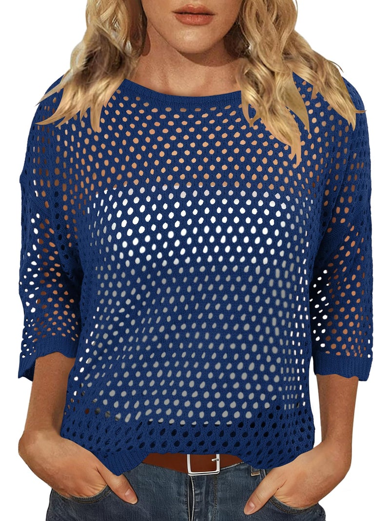 CRAZY GRID Spring Tops for Women 2026 Crochet Hollow Out 3/4 Short Sleeve Pullover Sweater Loose Fit Tops Swimsuit Coverup Plain Color MediumBlue Large - Image 4