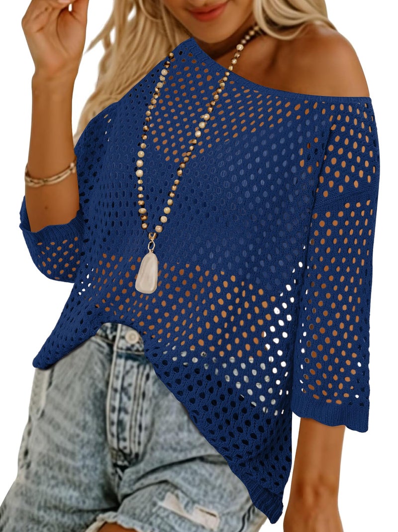 CRAZY GRID Spring Tops for Women 2026 Crochet Hollow Out 3/4 Short Sleeve Pullover Sweater Loose Fit Tops Swimsuit Coverup Plain Color MediumBlue Large - Image 2