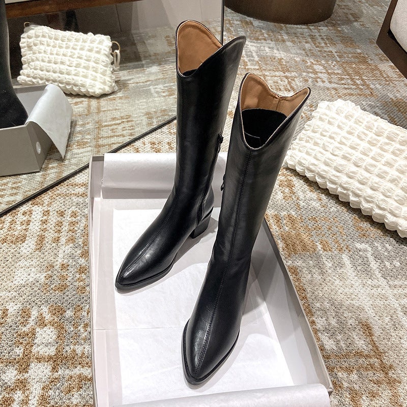 Really Fiber Patent Leather Version V-Mouth Pointed-Toe Boots Female Knight Western Cowboy Boots High-Top No-Knee Boots Thick Heels - Image 1