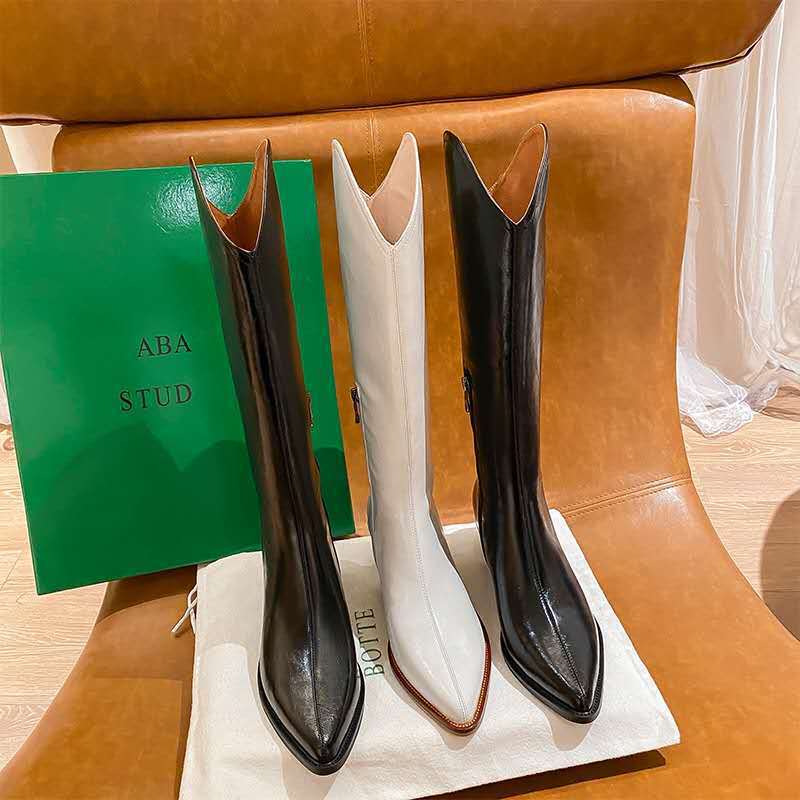 Really Fiber Patent Leather Version V-Mouth Pointed-Toe Boots Female Knight Western Cowboy Boots High-Top No-Knee Boots Thick Heels - Image 3
