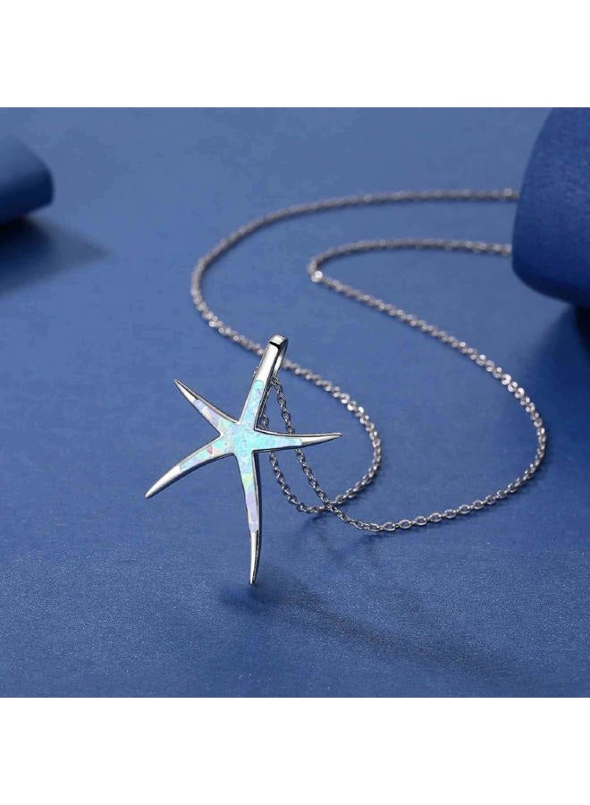 Cuoka Starfish Necklace, 925 Sterling Silver with Opal, Hawaiian Beach Nautical Ocean Pendant, Starfish Jewelry Opal Jewelry Valentine for Women Girlfriend, Metal, Opal - Image 4