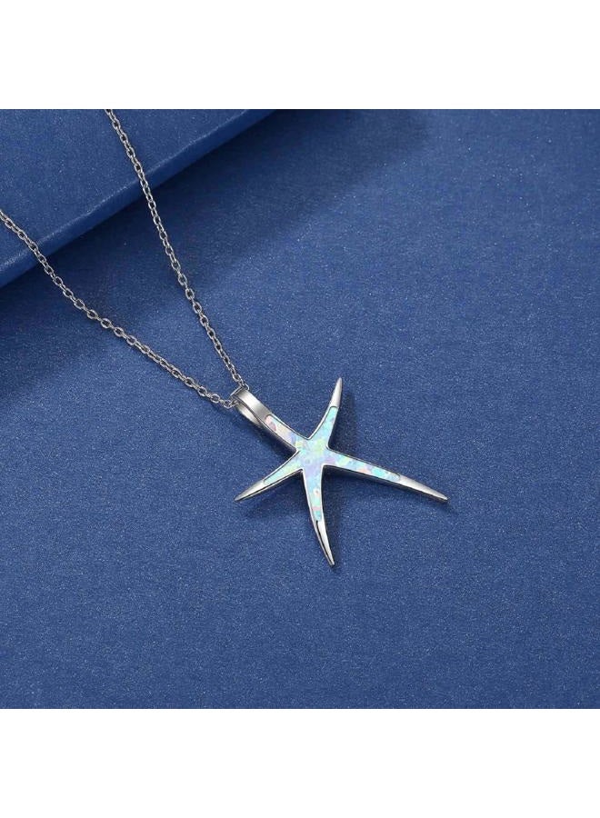 Cuoka Starfish Necklace, 925 Sterling Silver with Opal, Hawaiian Beach Nautical Ocean Pendant, Starfish Jewelry Opal Jewelry Valentine for Women Girlfriend, Metal, Opal - Image 3